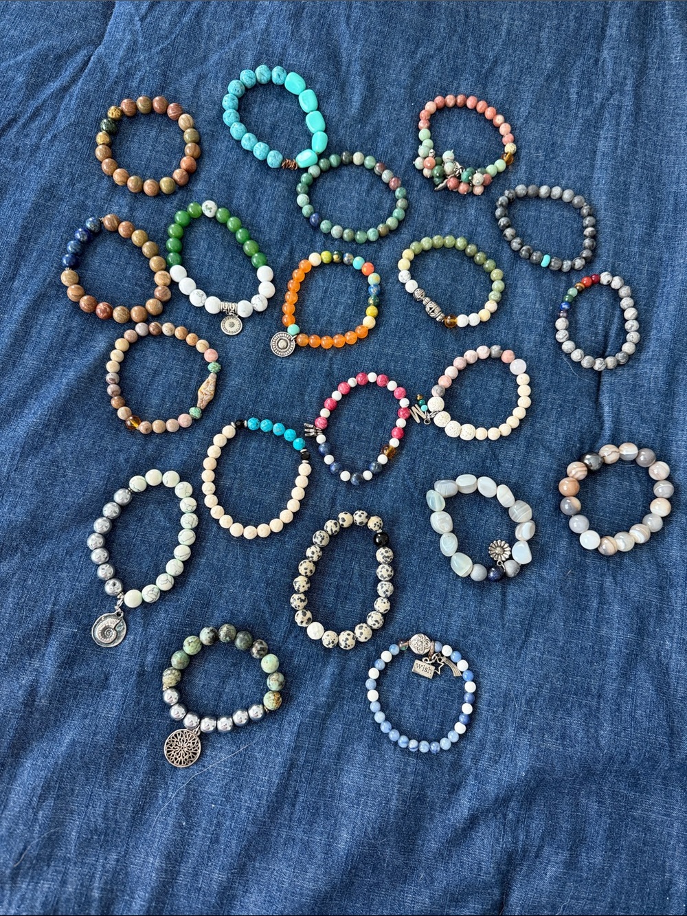 Lot of 20 Gemstone Bead Beaded Stretch Bracelets - Multicolor